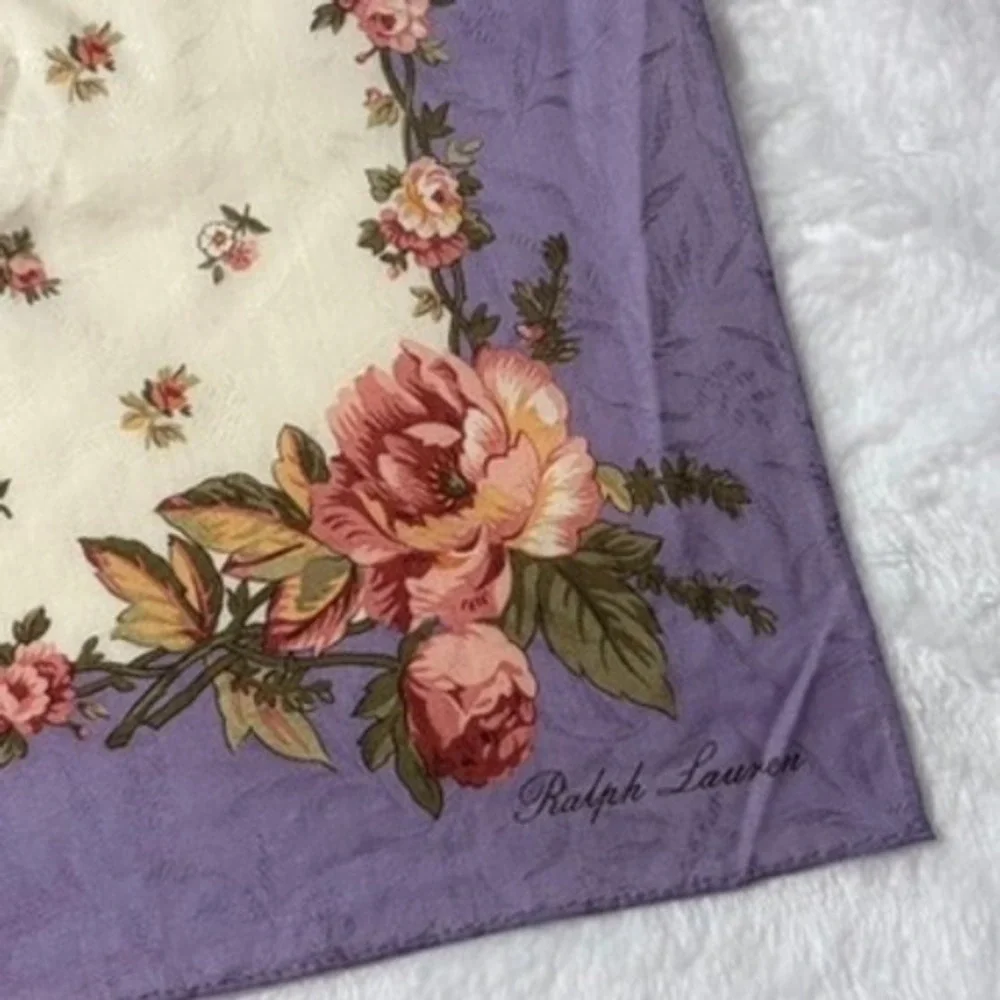 Vtg RALPH LAUREN Scarf Handkerchief Floral Purple Pink Cream 19.5